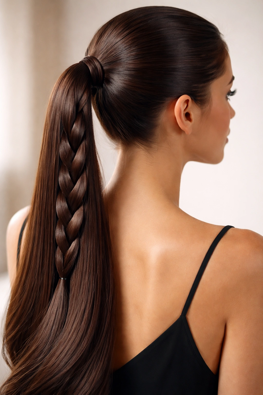 Close-up of a smooth, glossy ponytail with a neat braid along the tail