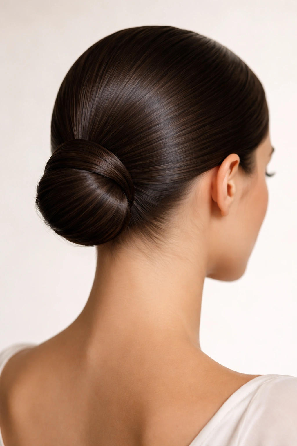 Close-up of a smooth glossy low bun with tight ponytail and pins