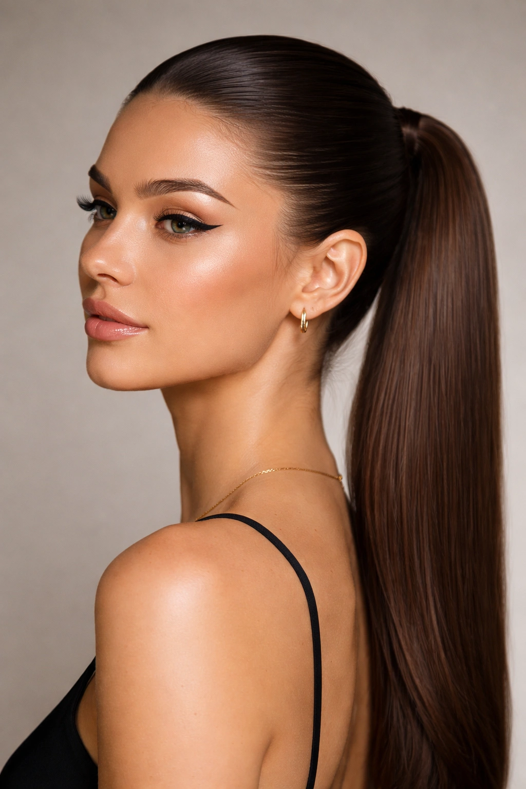 Close-up of a flawless smooth mid ponytail with zero flyaways in studio lighting
