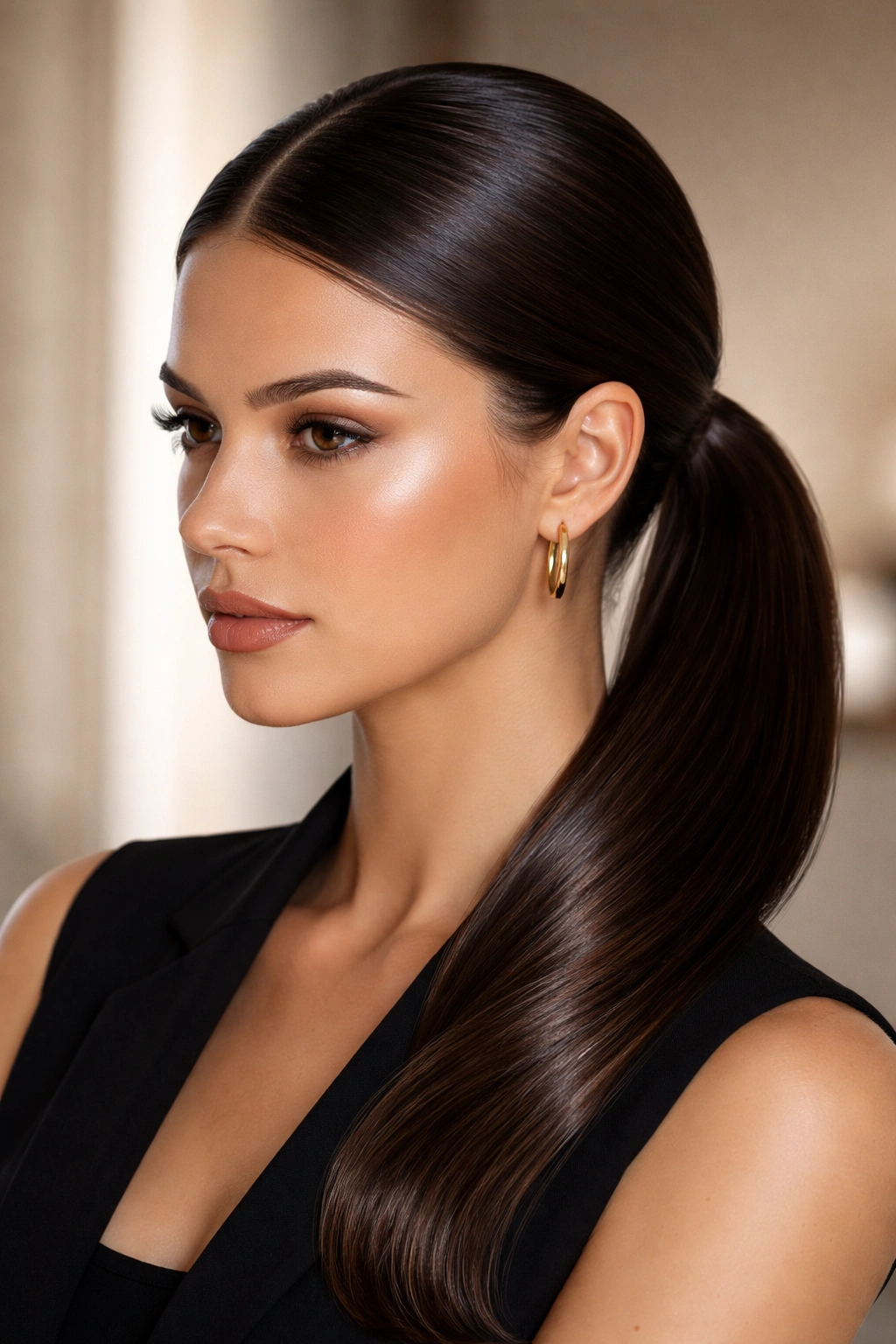 Side view of a sleek low ponytail with a glossy, reflective finish