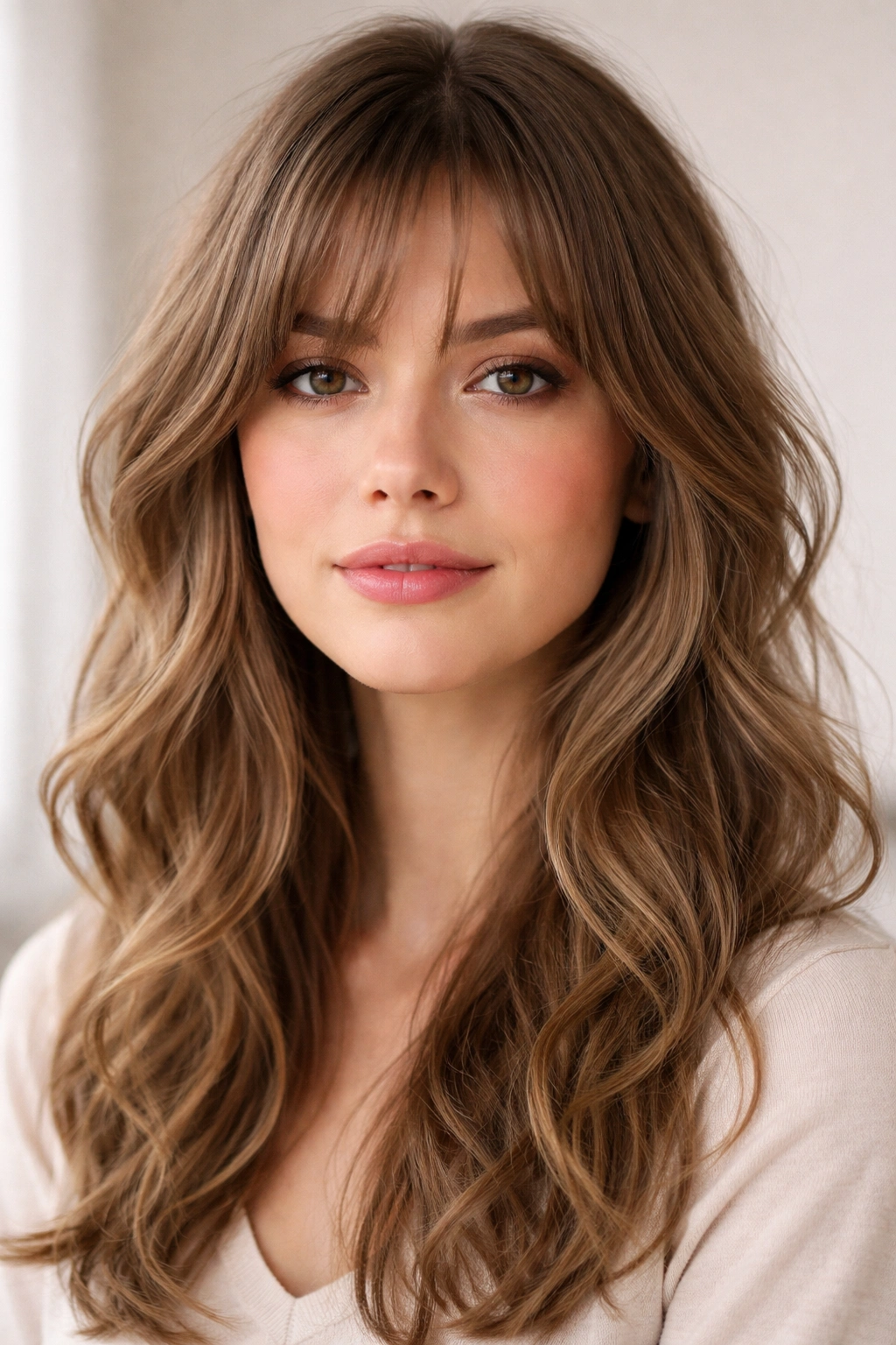 Soft-angled bangs with wispy face-framing layers in studio portrait
