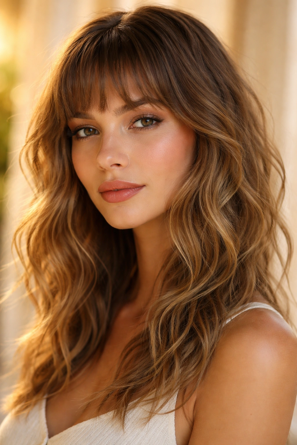 Soft baby bangs with feathered ends and beachy waves