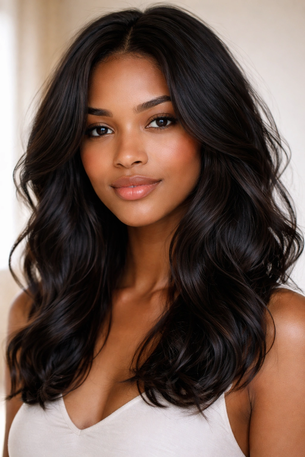 Soft beach waves on black hair with face-framing pieces, natural lighting.