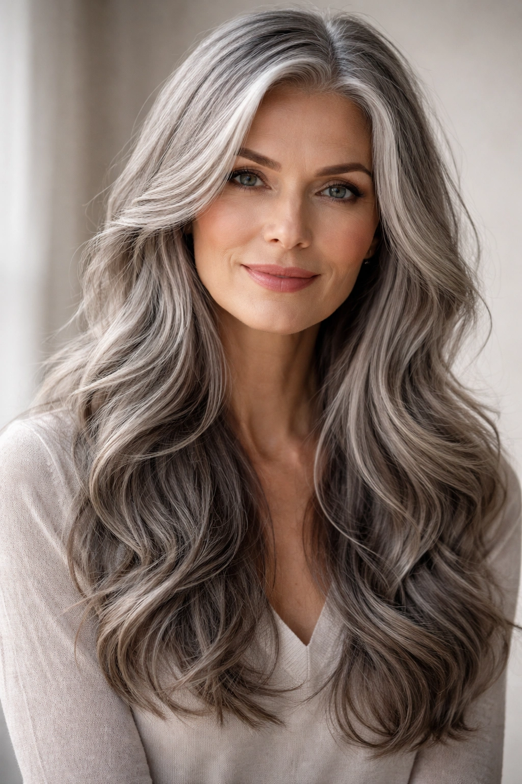 Close-up of long gray hair with soft beach waves and face-framing layers