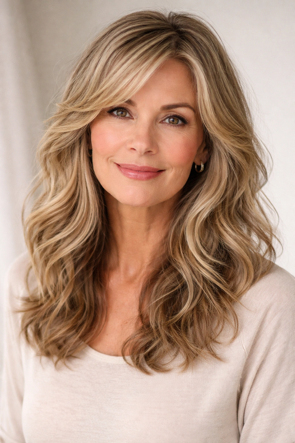 Soft beachy waves with layered ends on medium-length hair