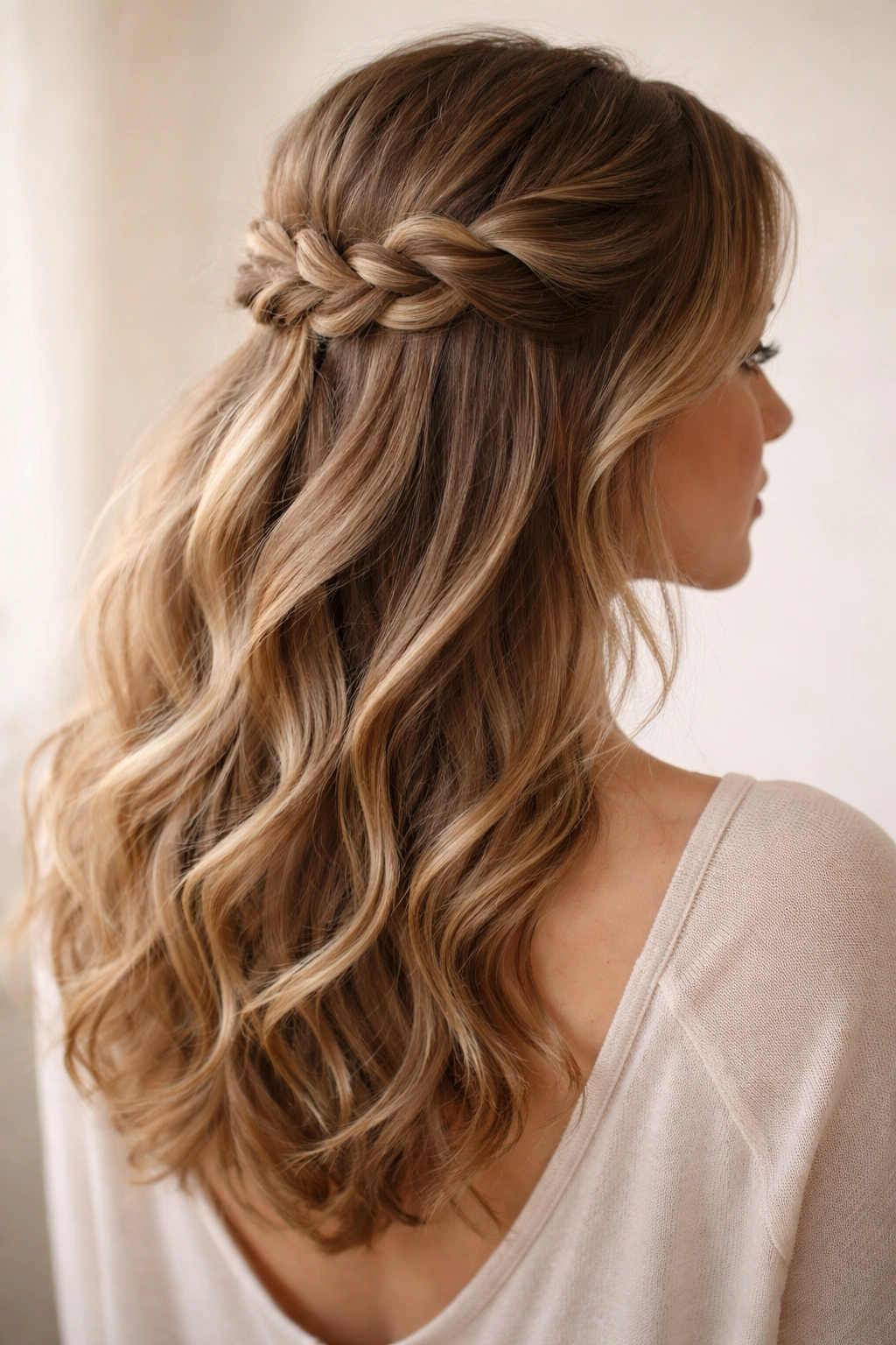 Close-up of a loose three-strand braid in a half-up style with soft, undone texture.