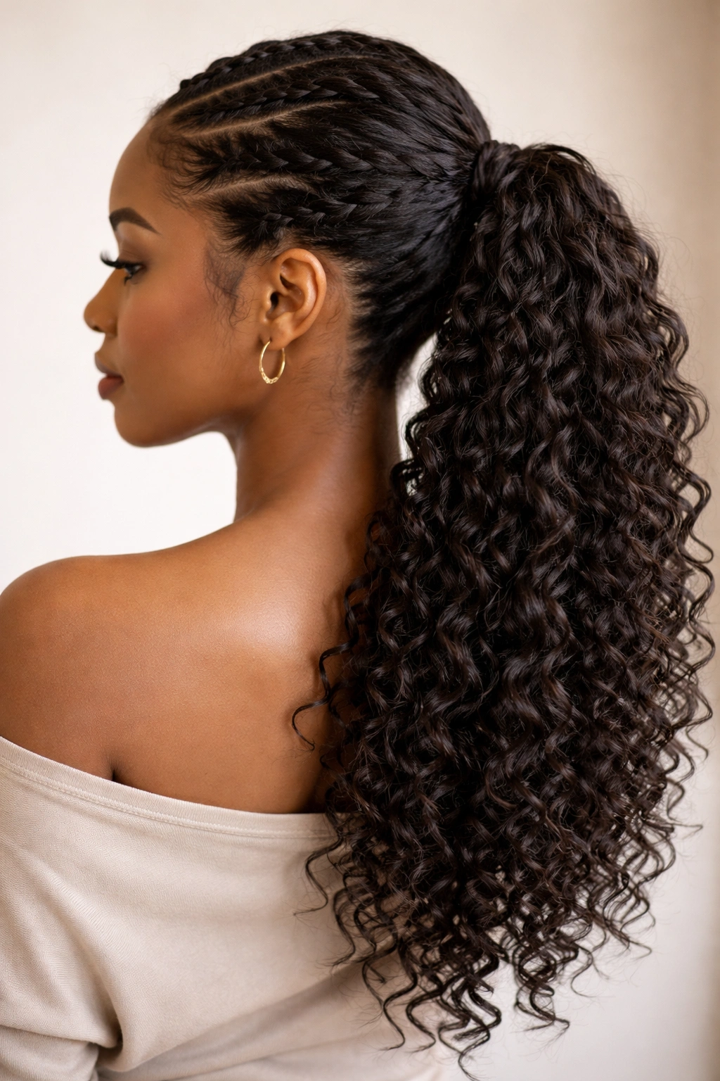 Two-strand twists converging into a ponytail with loose curls