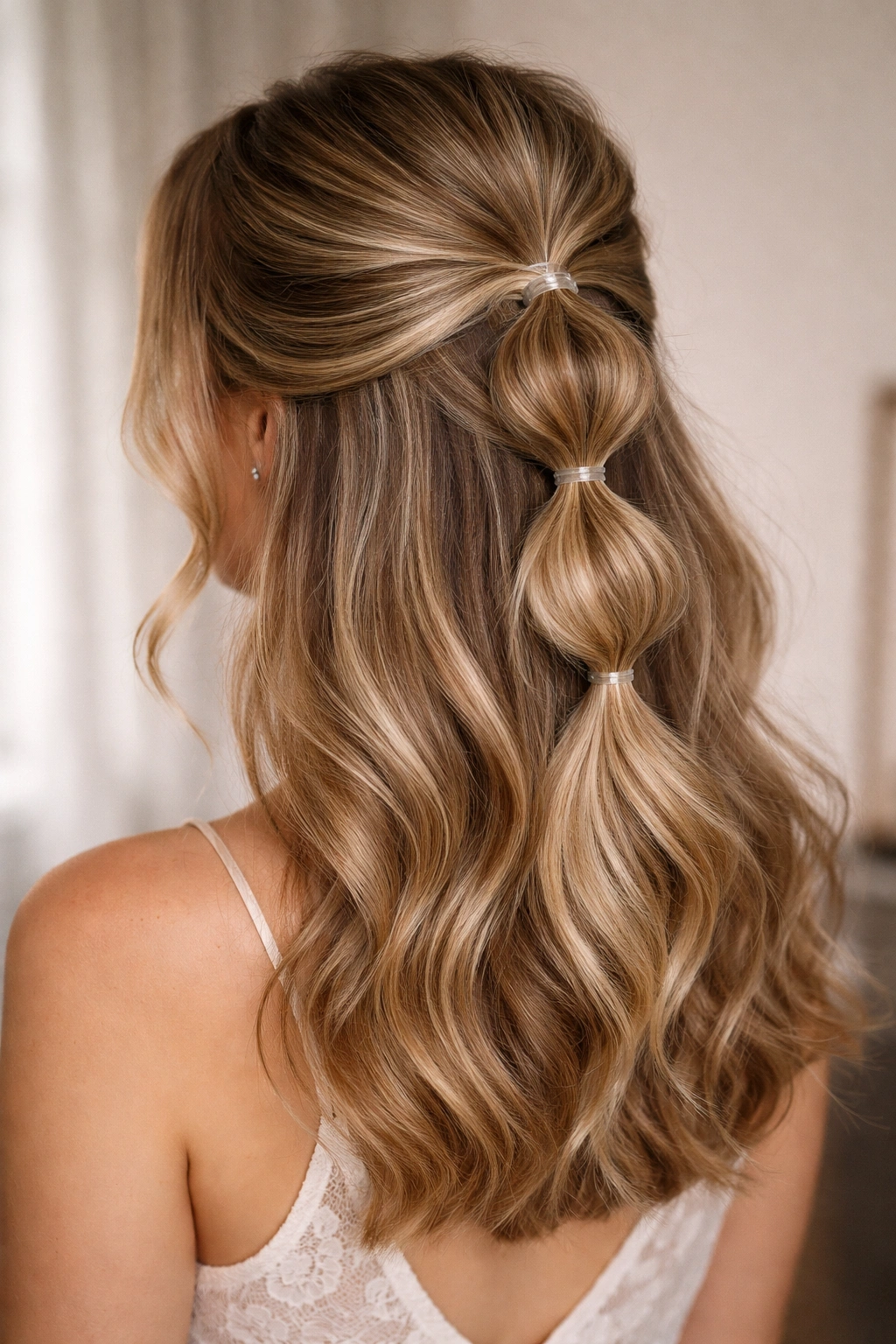 Close-up of a soft bubbled half-pony-tail with loose waves and textured bubbles