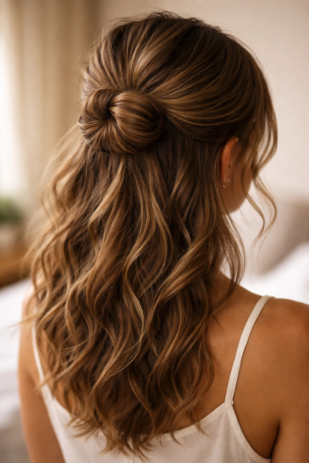 Soft bun half-up with loosely twisted ponytail forming a textured bun.