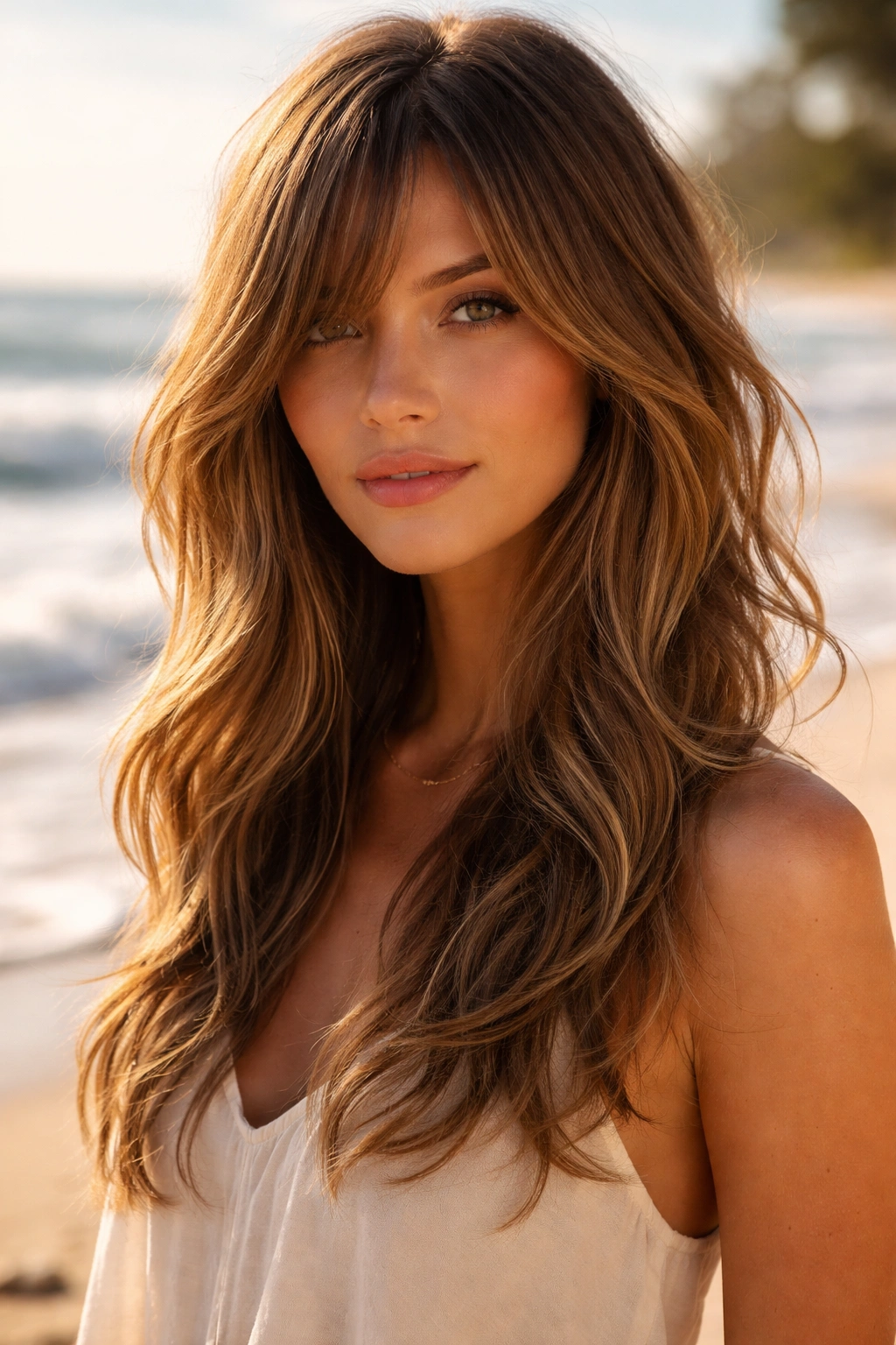 Portrait of soft cascading layers with long bangs on beachy waves