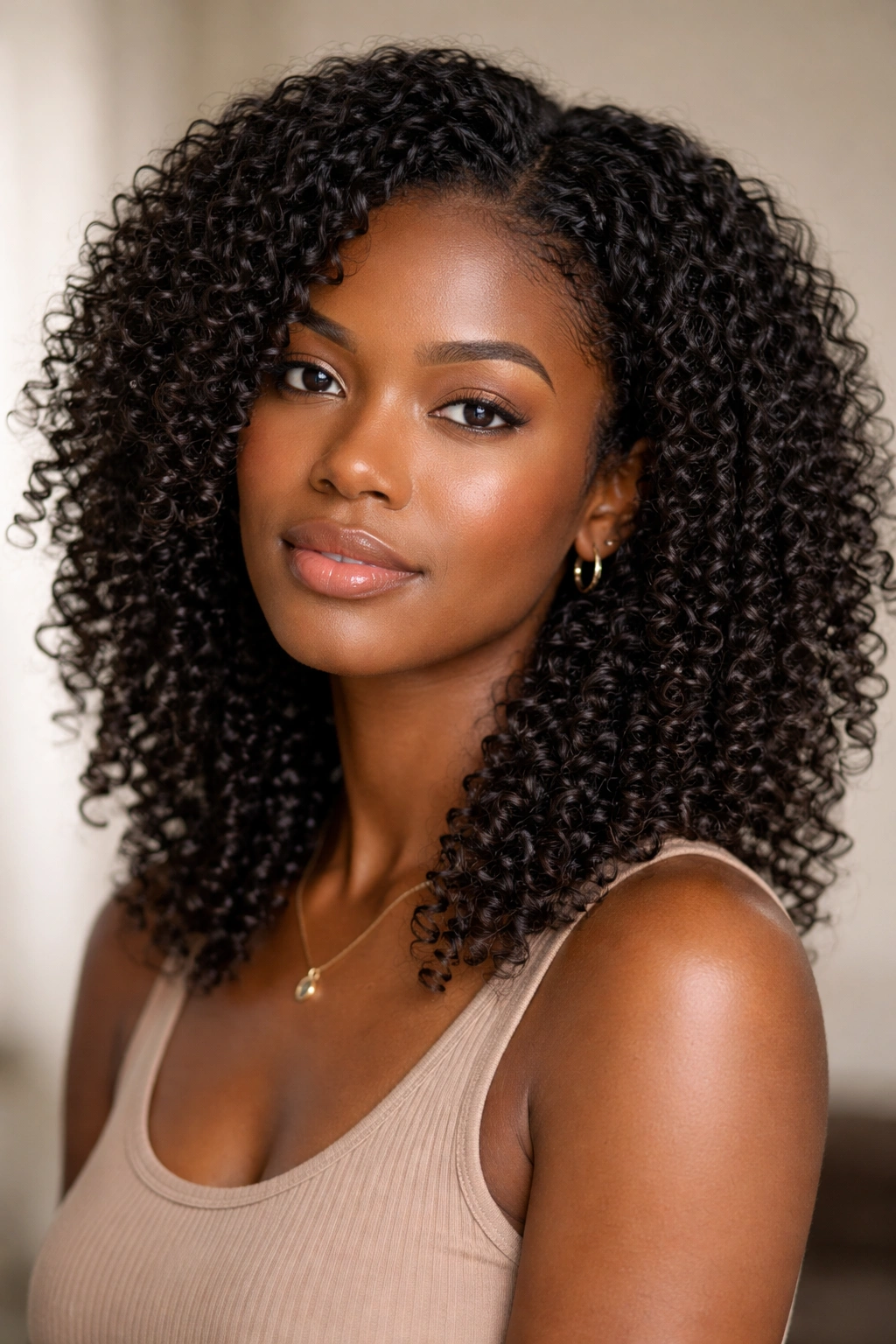 Full-head shot of soft coil-out curls with relaxed, defined shape