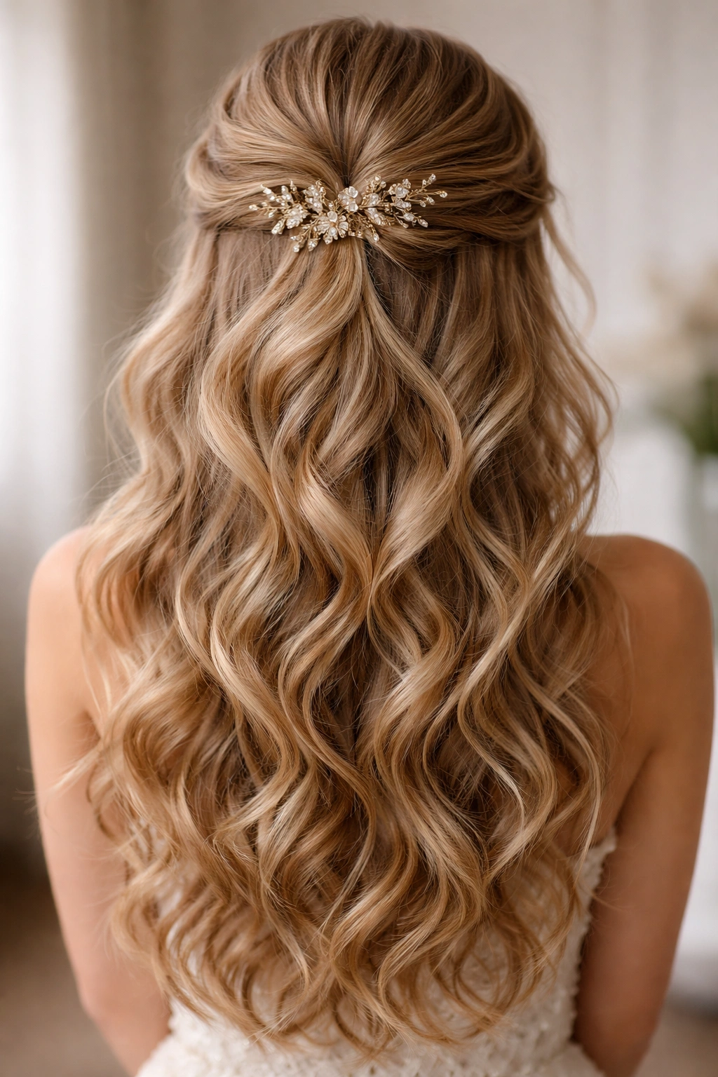 Back view of soft-curl fairy tale half up hairstyle with voluminous waves.