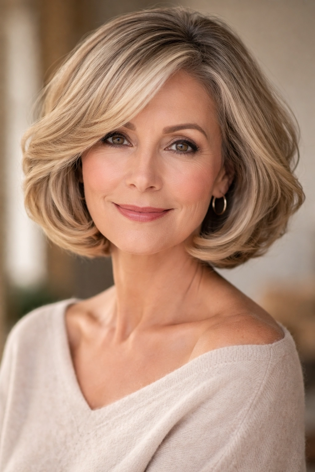 Close-up of a soft curled bob with inward curling ends