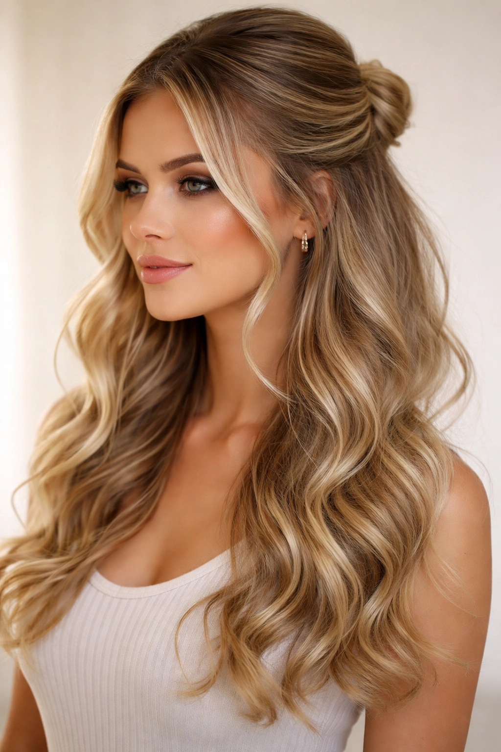 Soft curled lower half with a smooth, gathered upper half in a half-up hairstyle.