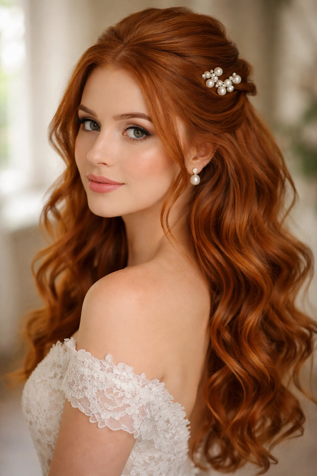 Soft romantic half-up with loose curls and pearl pins on red hair
