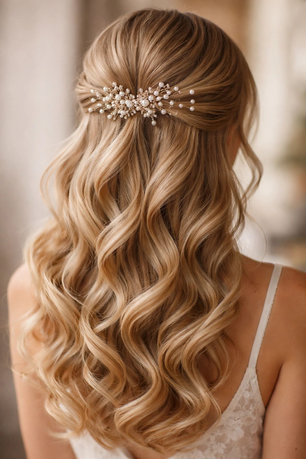 Full-head view of soft curls with pearl accessories and gathered top section