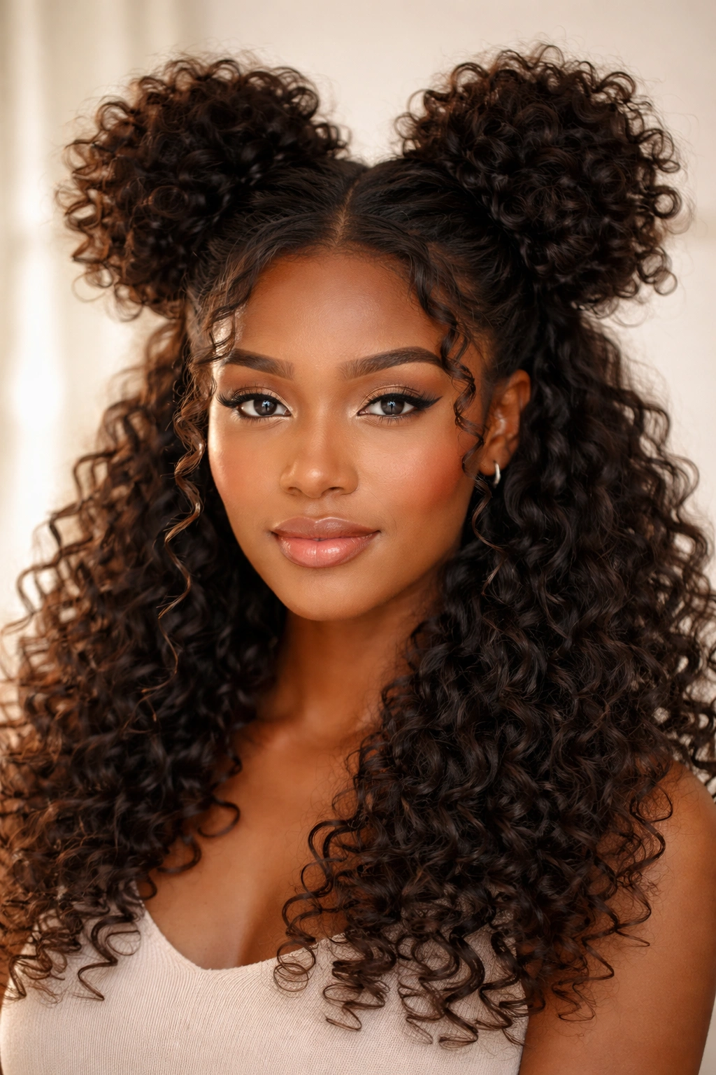 Soft curly space buns with enhanced volume and defined curls