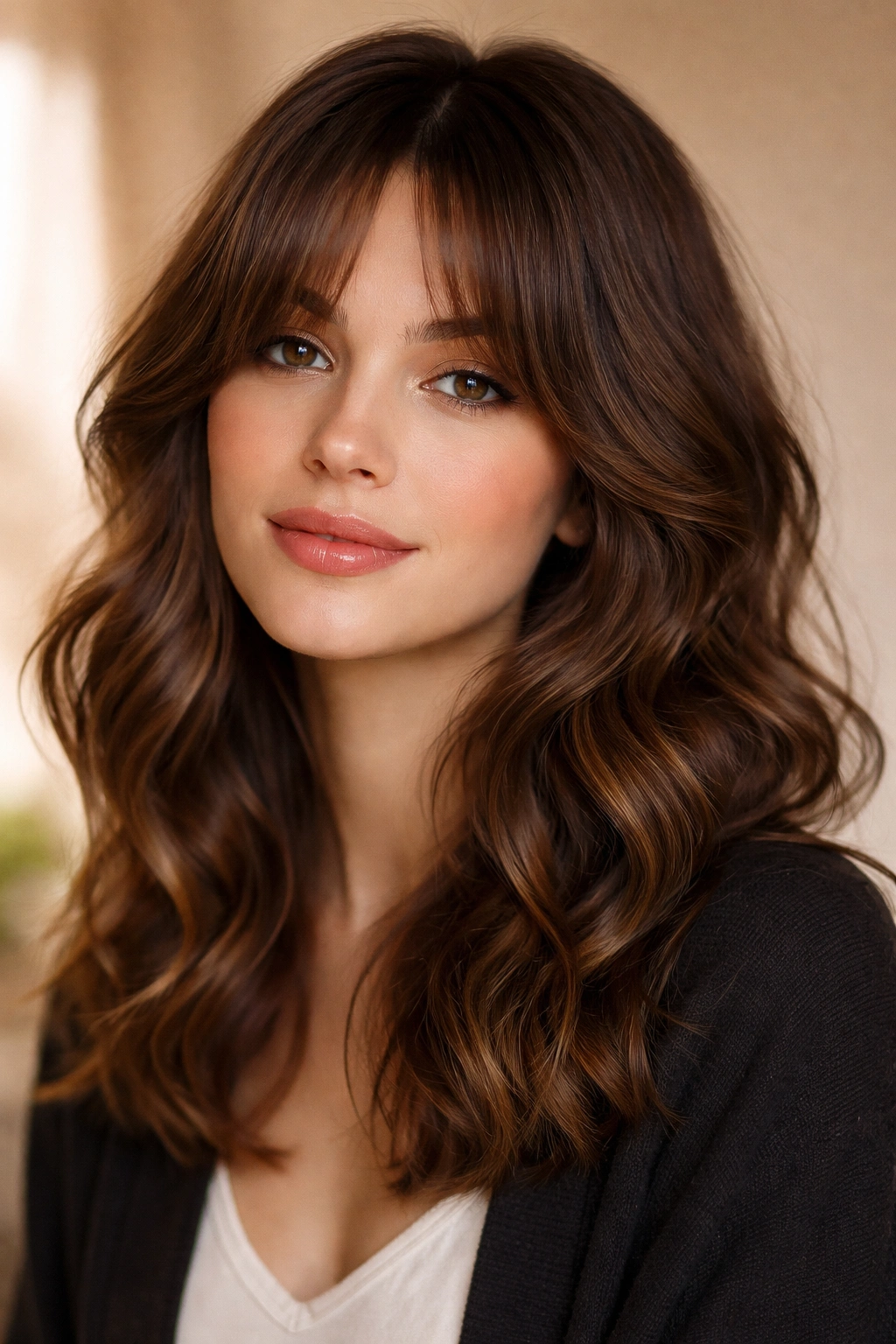 Portrait showing soft curtain bangs and face-framing waves for a gentle frame