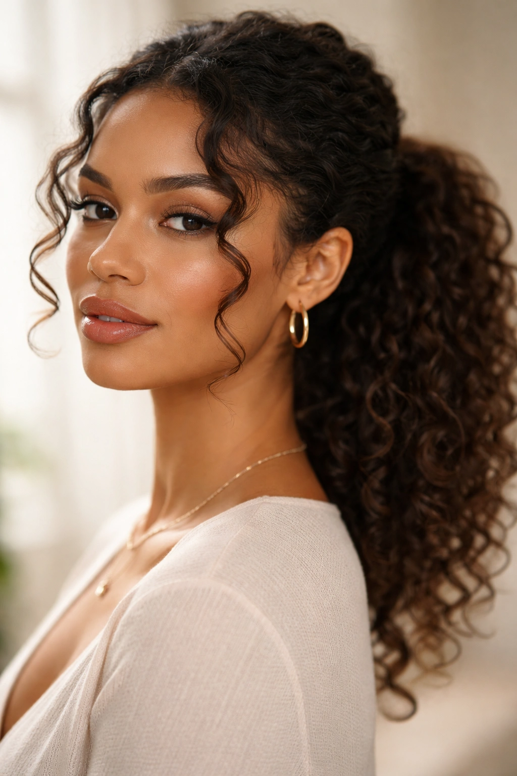 Close-up of a curly hairstyle with a low ponytail and face-framing curls.