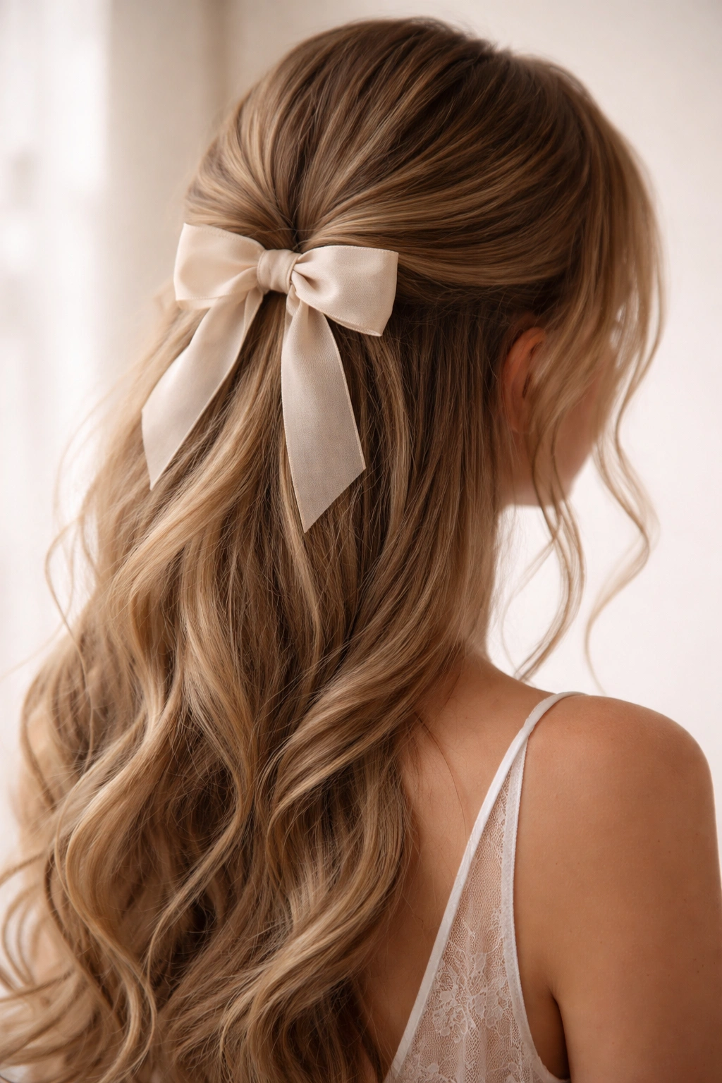 Loosely gathered half-up bow hairstyle with soft, undone texture