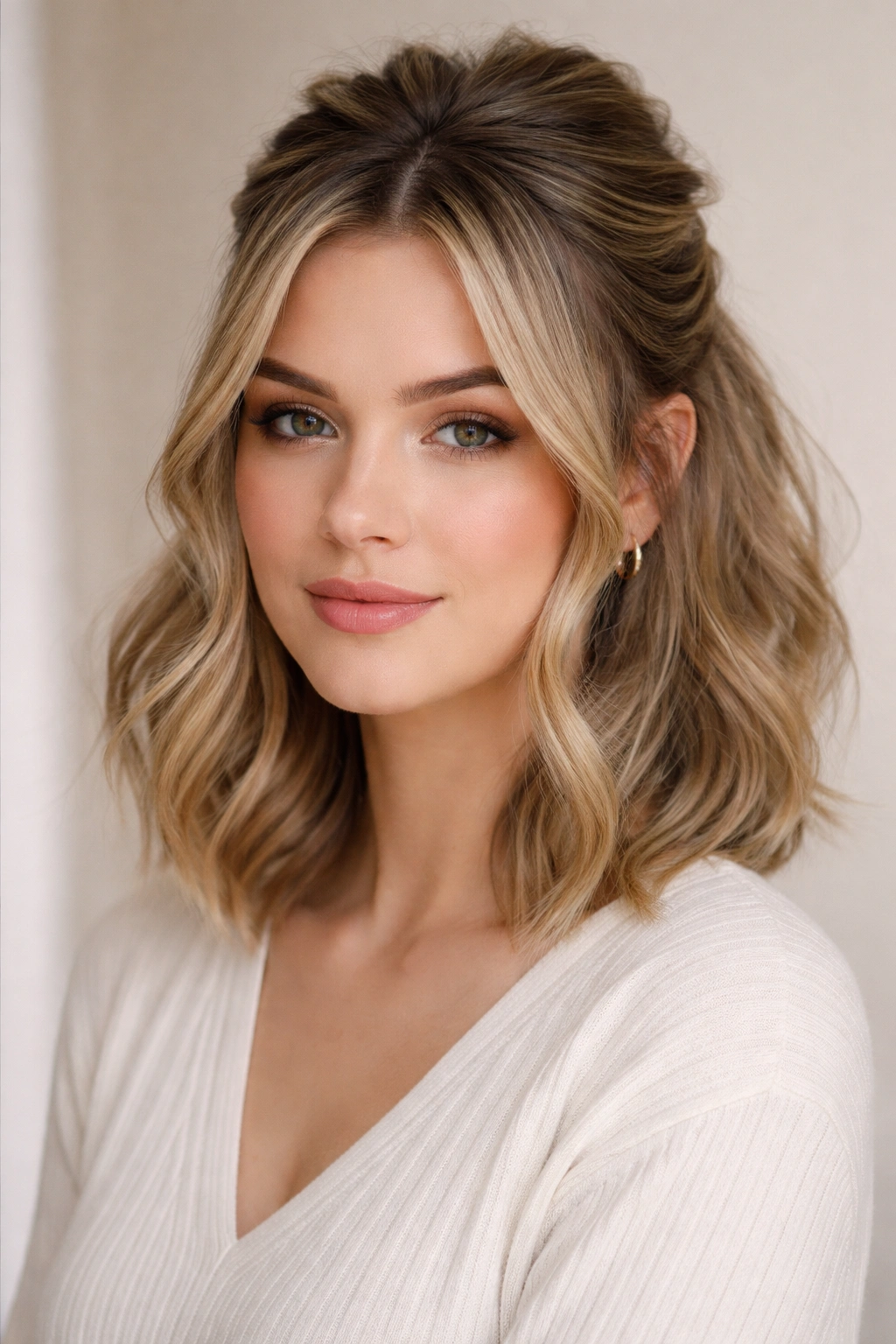 Short wig with soft half-up and face-framing curtain pieces