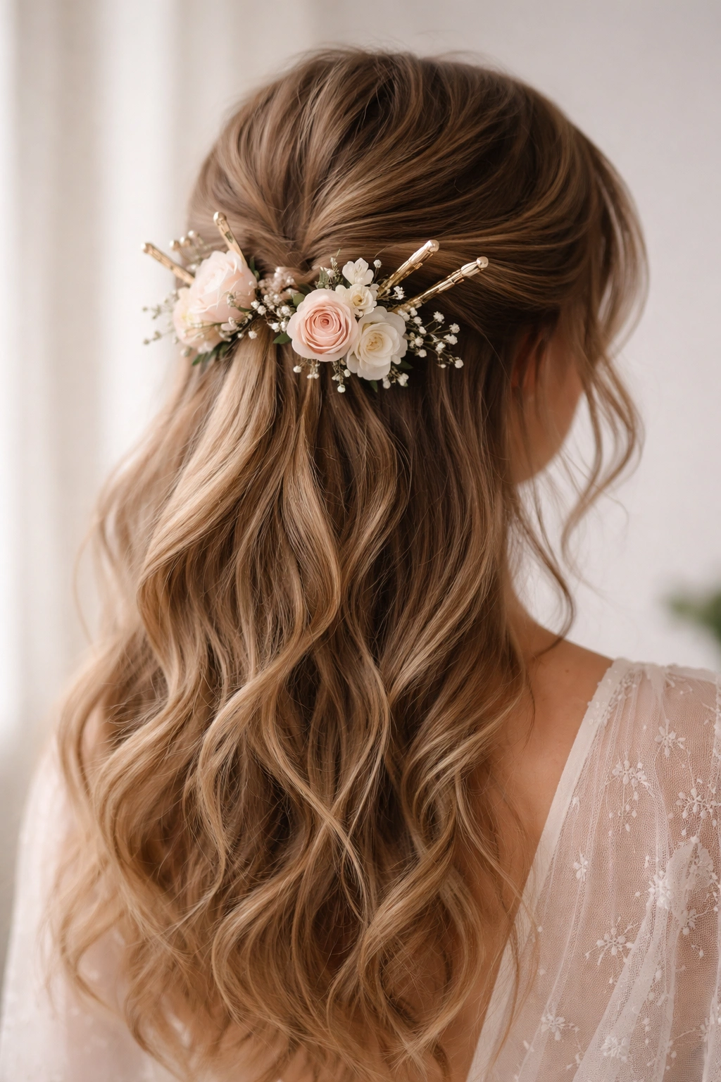 Soft half-up hairstyle secured with decorative hair sticks and flowers