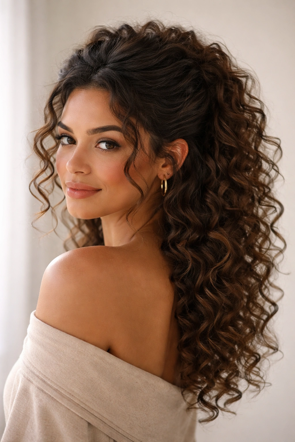 Soft, undone half-up hairstyle with loose crown and curling ends.
