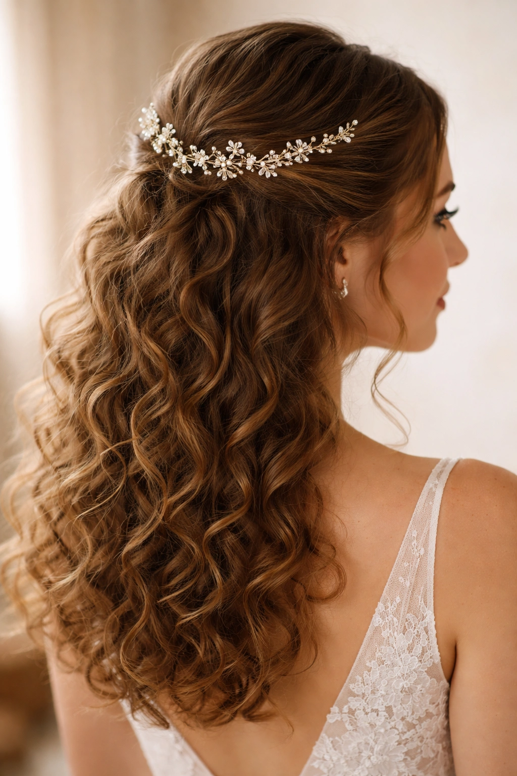 Soft half-up hairstyle with a delicate headpiece among curly hair
