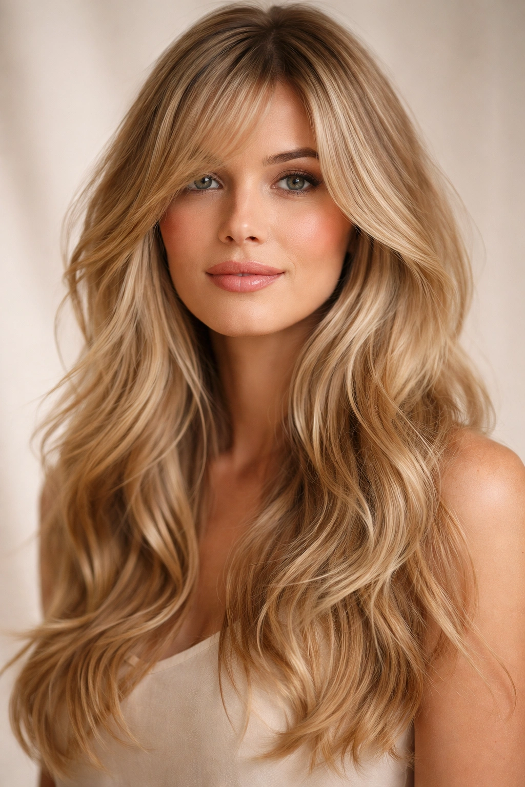 Soft layered blonde waves with side-swept bangs