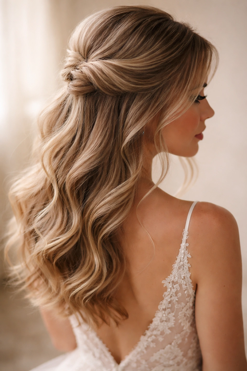 Close-up of a soft feminine twist with face-framing pieces pulled out around the face