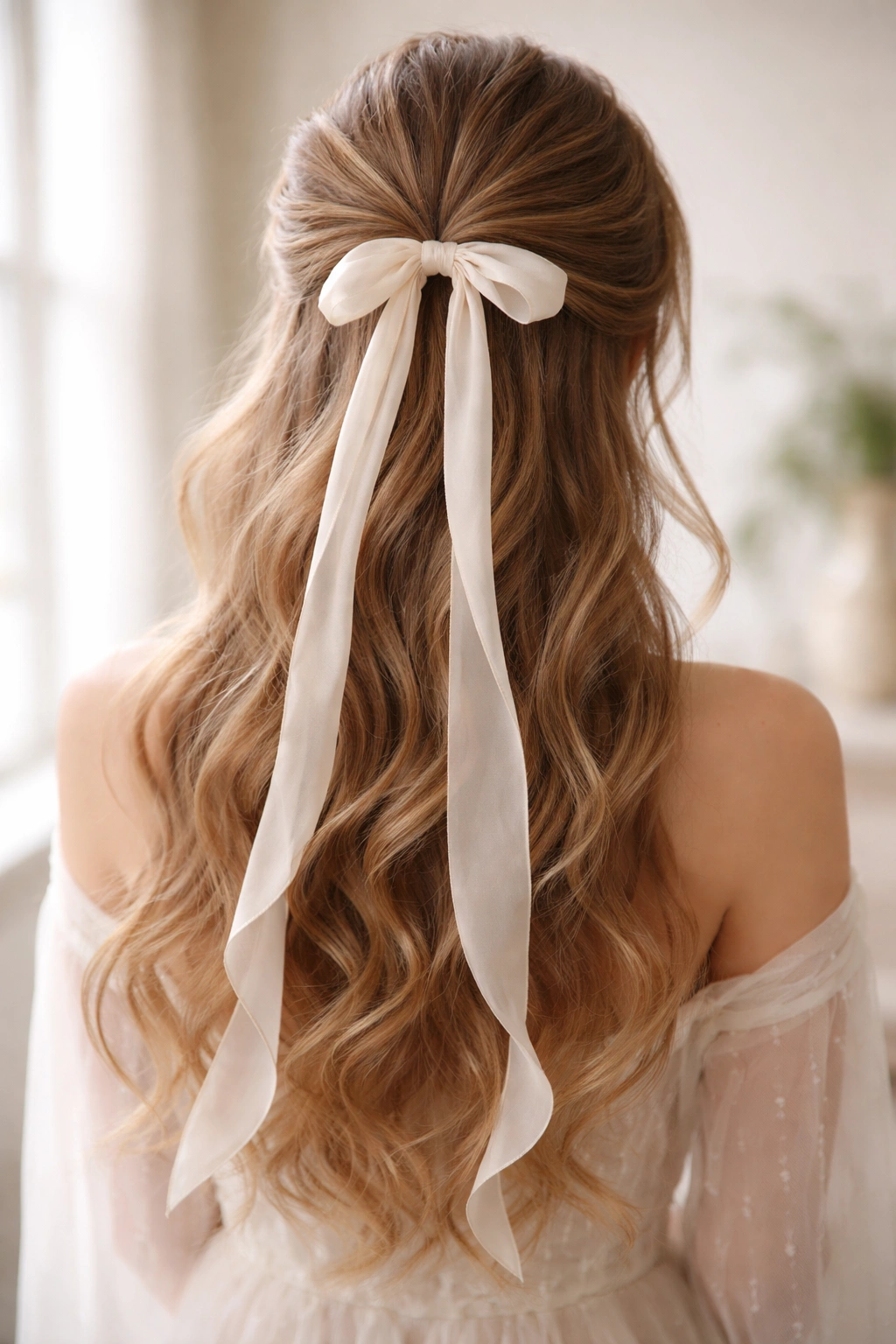 Soft romantic half-up hairstyle with long silk ribbons flowing down the back