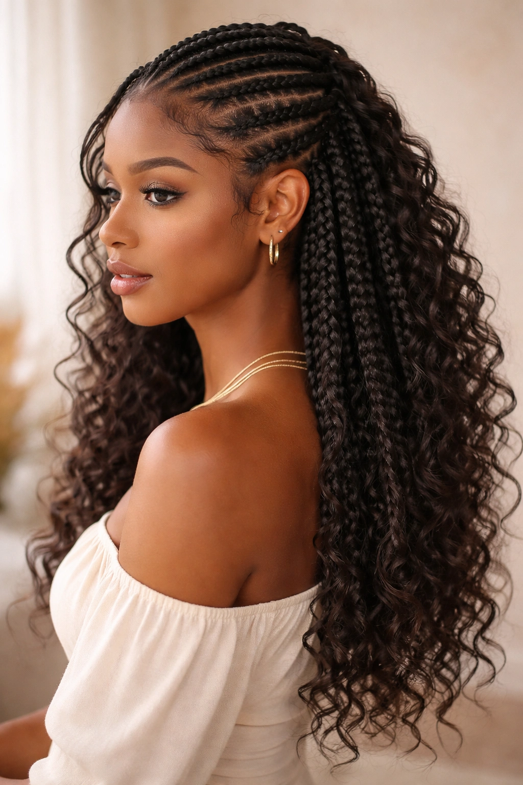 Soft cornrows with curly box braids and curled ends