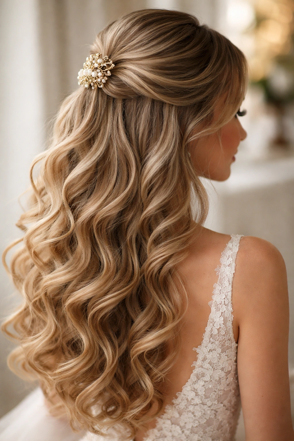 Cascading romantic curls with a top claw clip