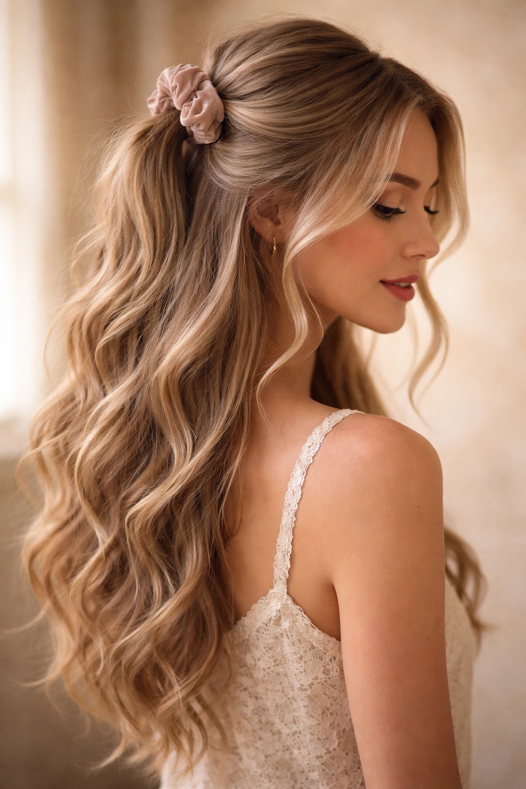 Loose top half-up with velvet scrunchie and face-framing strands