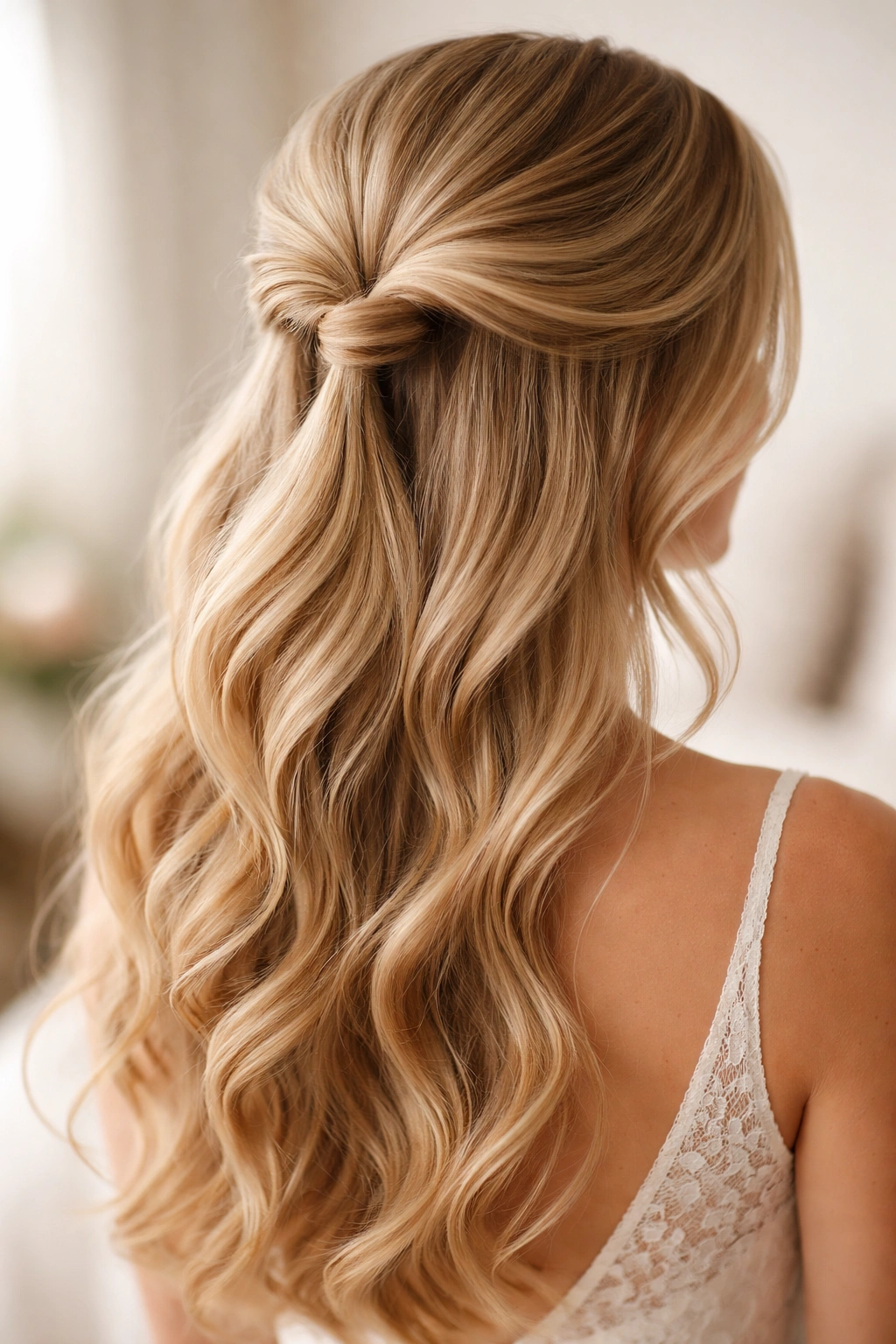 Close-up of a crown-loop half up hairstyle with an elegant loop and soft waves