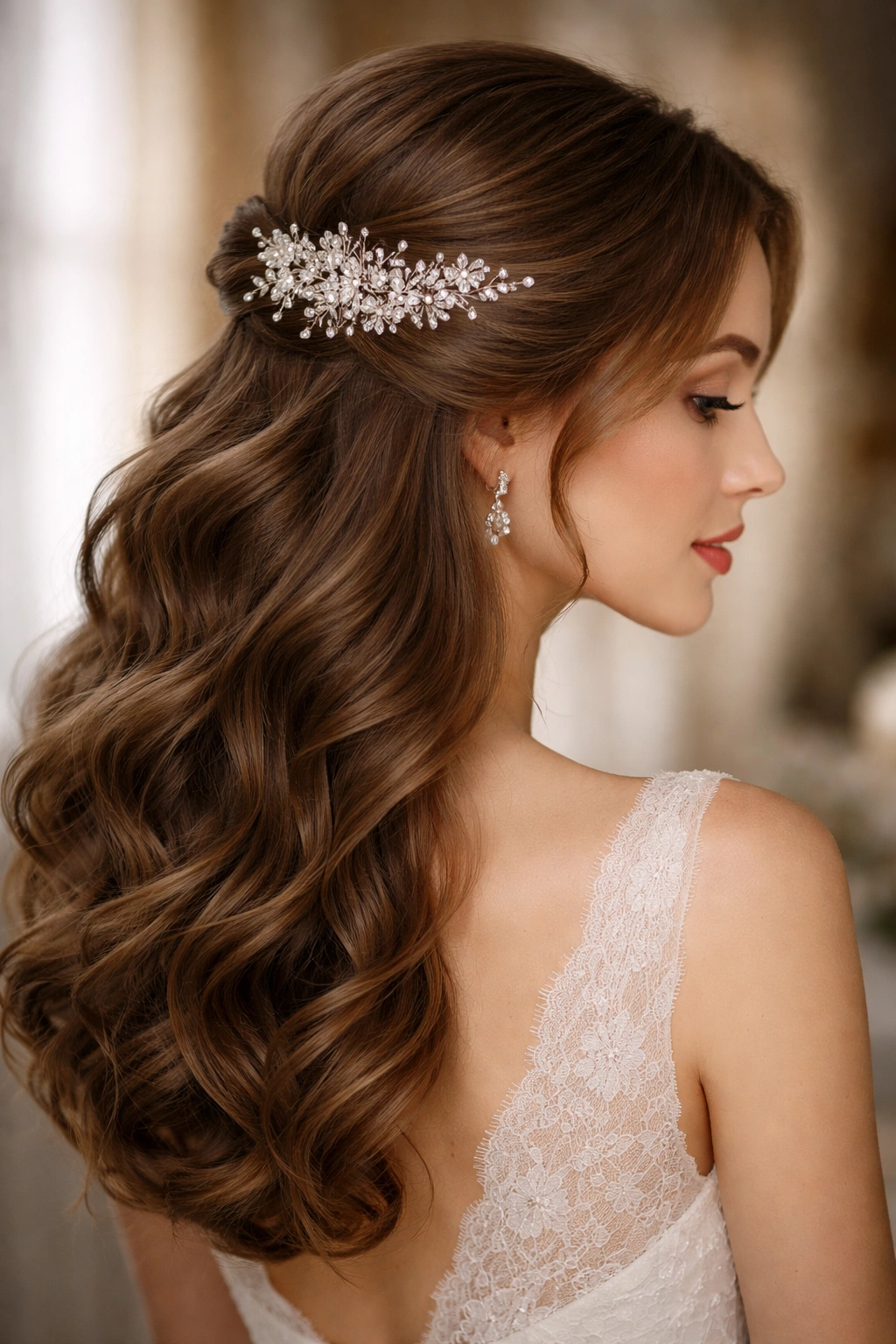 Soft romantic half-up hairstyle with crystal headpiece