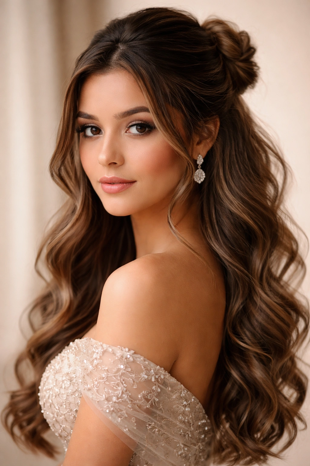 Close-up of The Soft Romantic Half-Up with Loose Waves featuring a delicate bun.