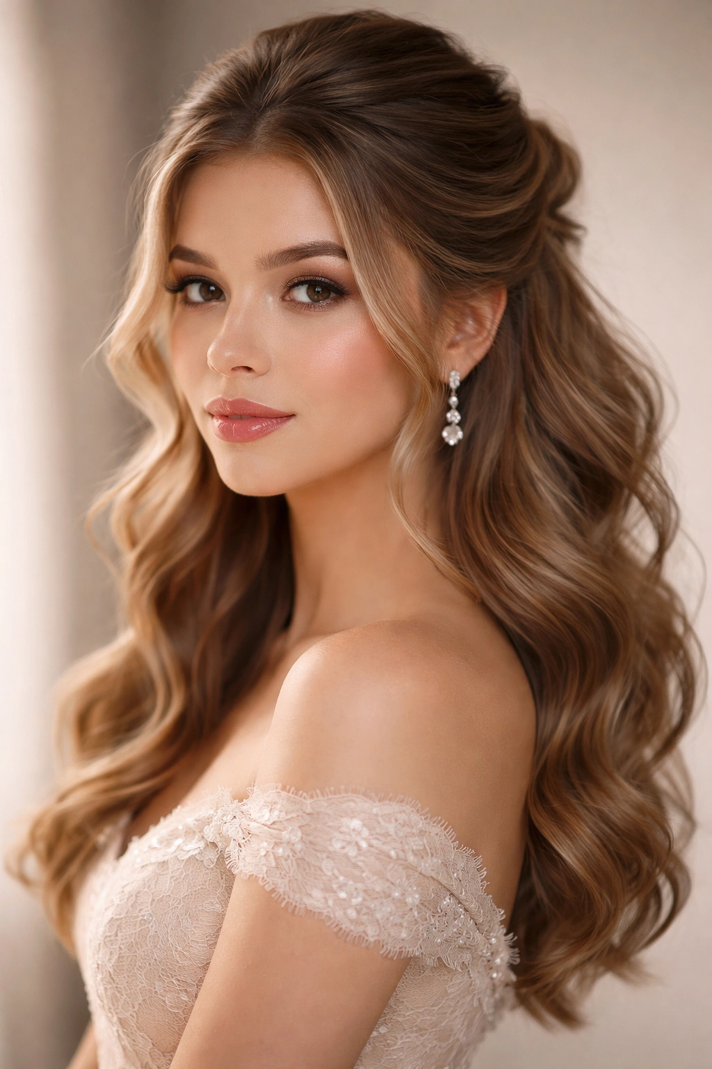Soft textured half-up hairstyle with gentle waves and romantic vibe