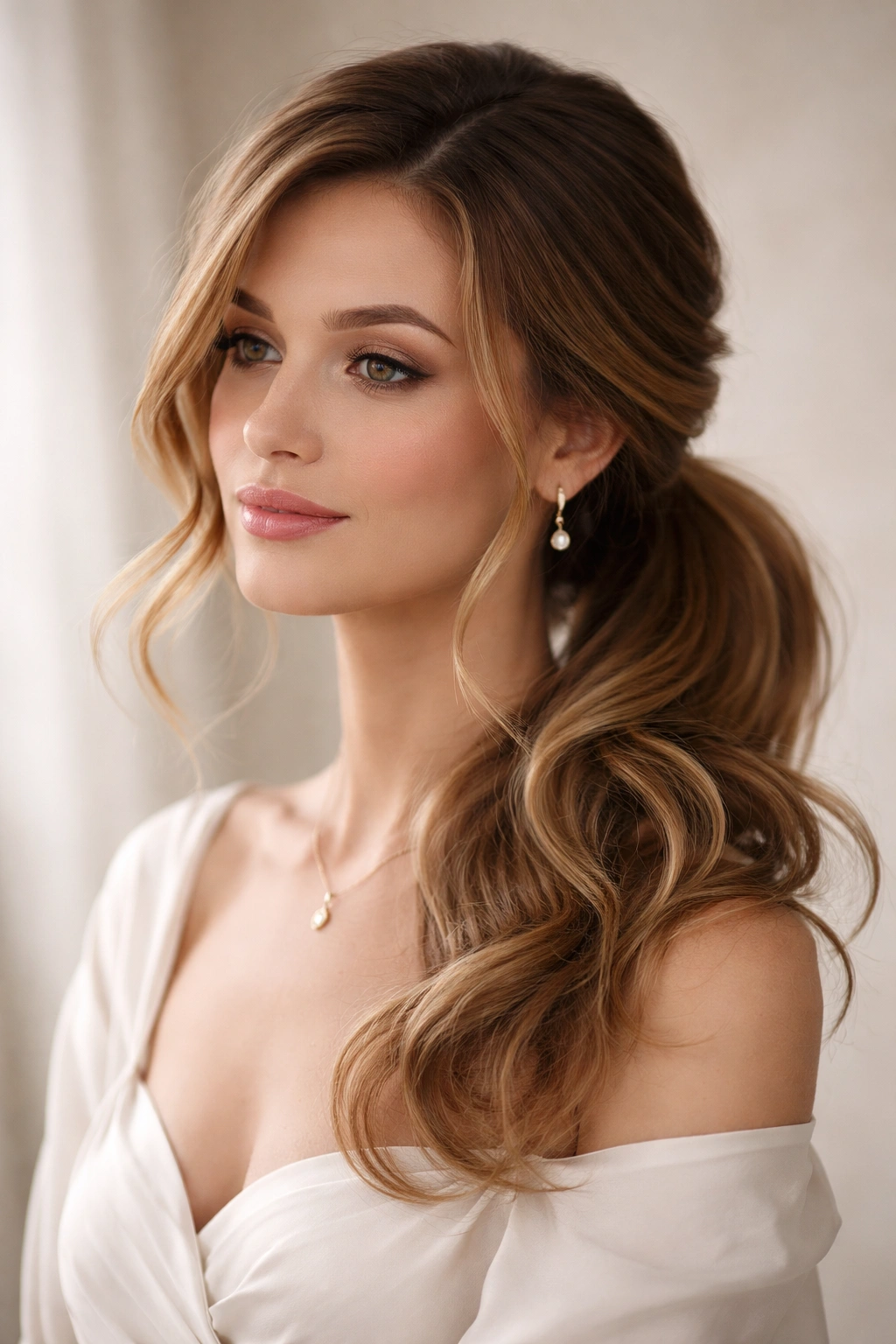 Head-and-shoulders view of a soft romantic low side ponytail with face-framing pieces.
