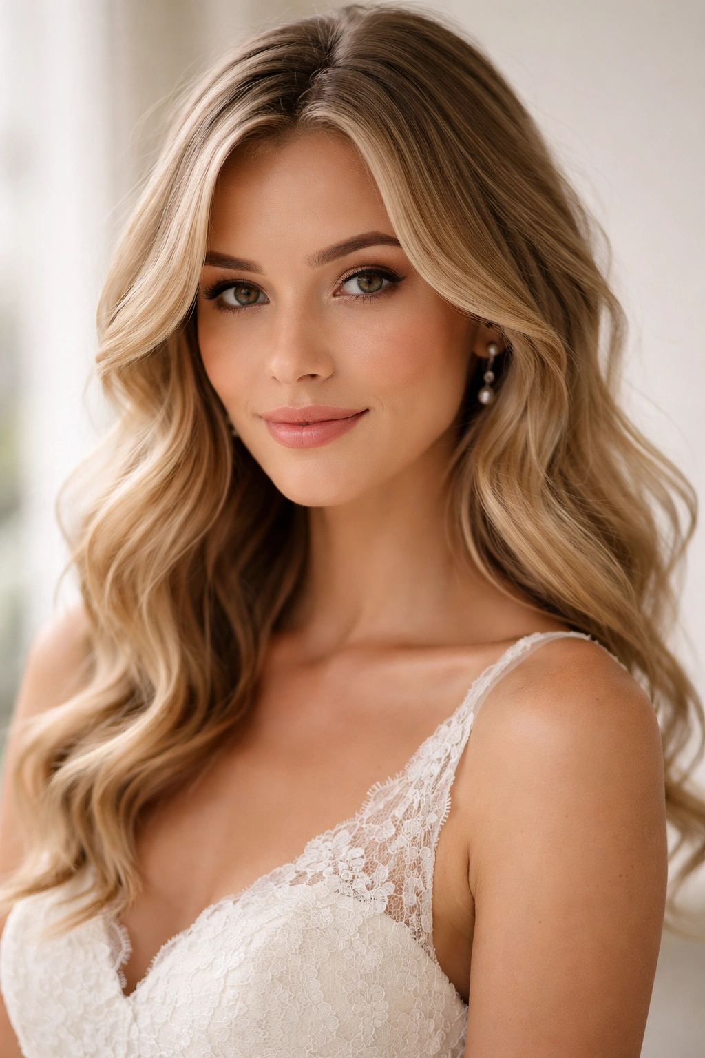 Close-up of soft romantic waves with face-framing strands