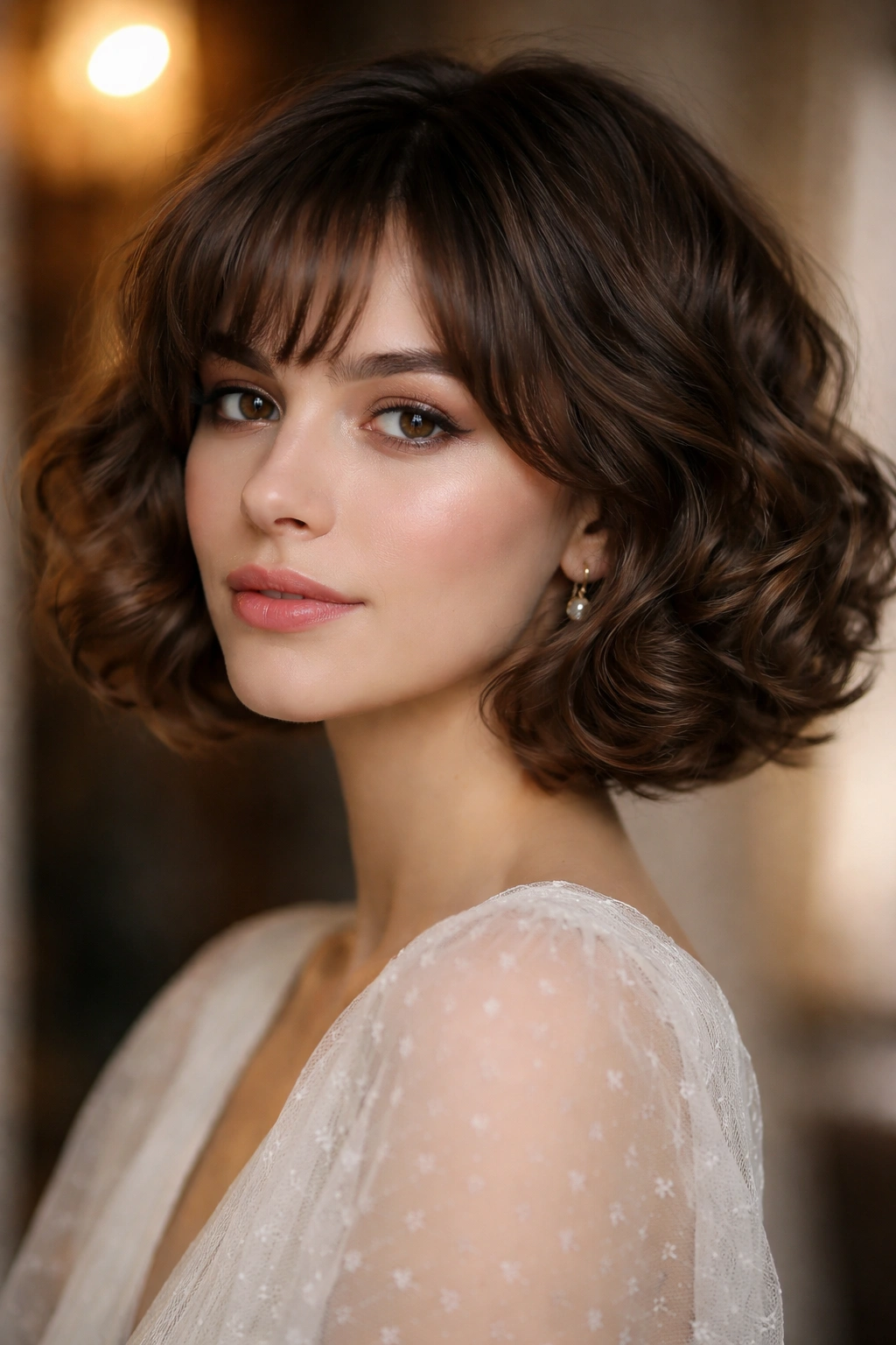 Soft romantic wavy bob with vintage-inspired large waves.