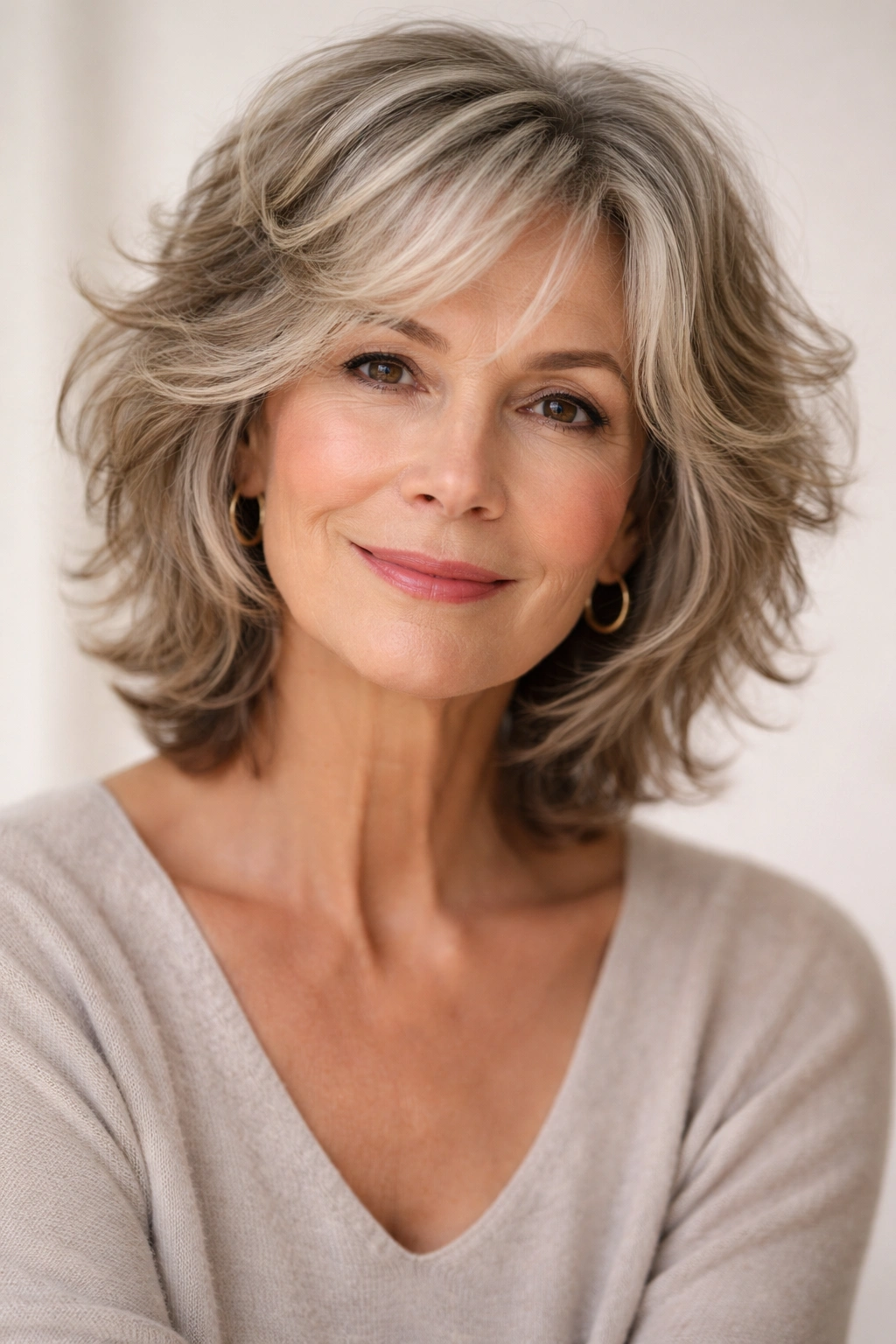 Close-up portrait of a mature woman with soft shaggy layers and natural waves