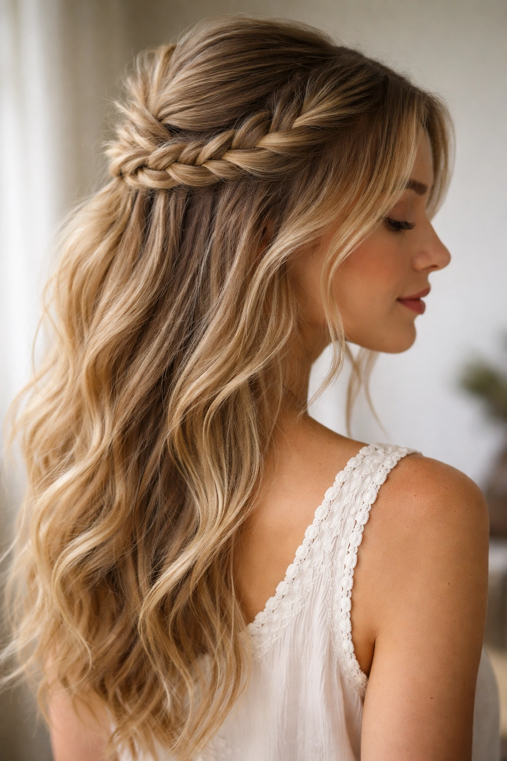 Soft side braid half-up hairstyle with loose waves