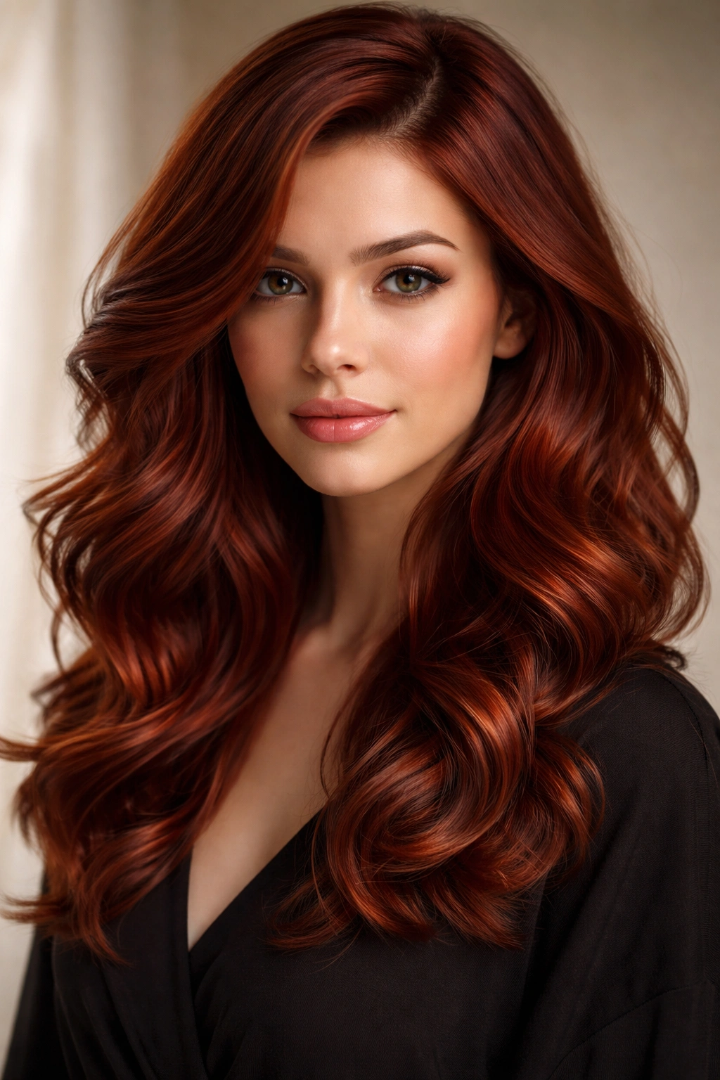 Soft side-parted waves with volume in deep red hair