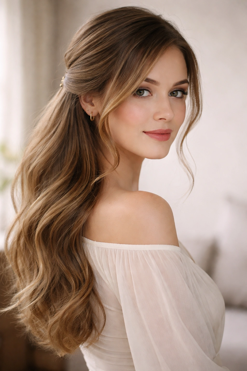 Long hair swept to one side with some pieces near the face