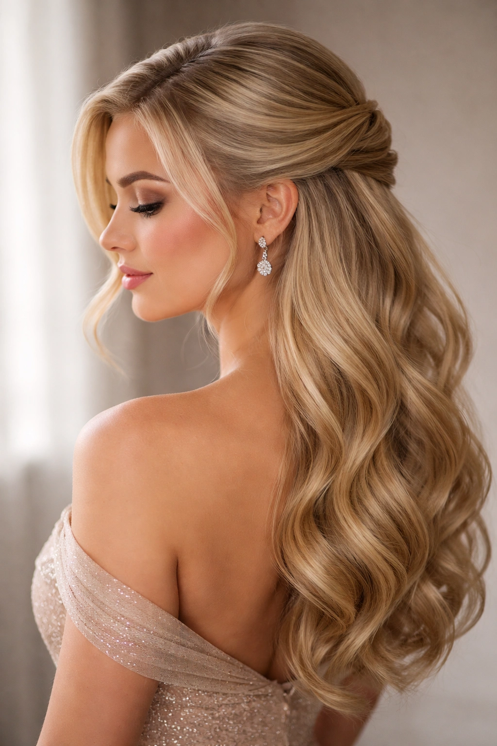 Blonde half-up hairstyle with a soft side sweep and crown fastening