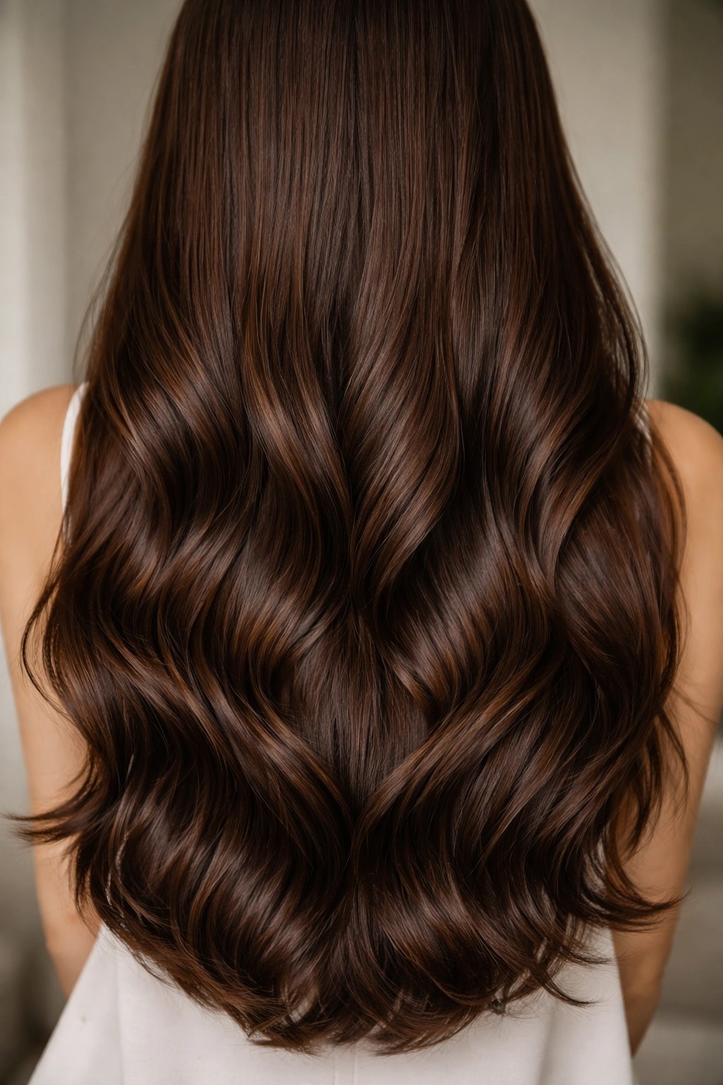 Long brown hair with soft waves and minimal layers, cohesive liquid texture
