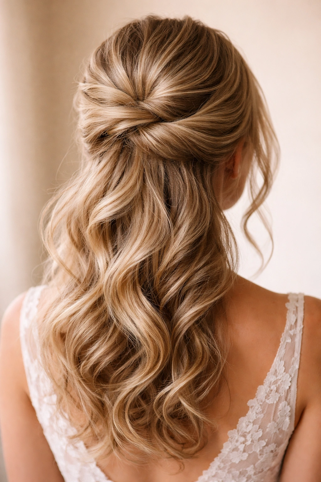 Close-up of a soft textured half-up hybrid hairstyle with loose top and upward swept bottom