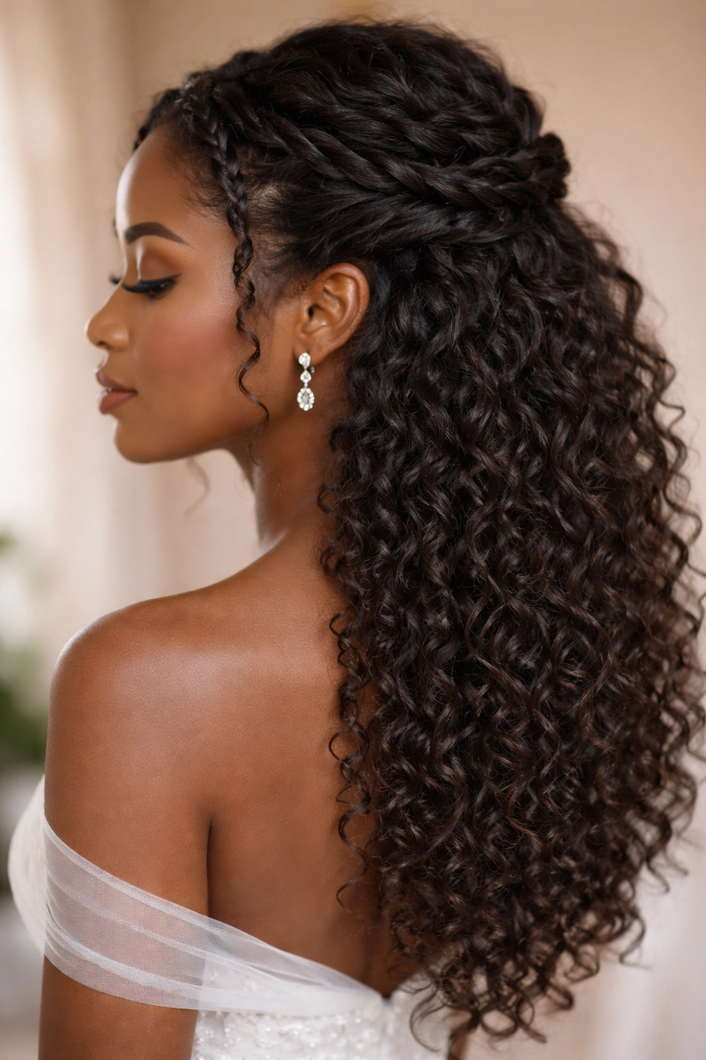 Close-up of soft twisted half-up with cascading curls on natural wedding hair
