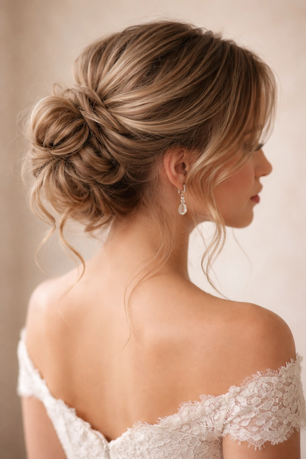Soft updo with loose tendrils: romantic low bun with face-framing strands